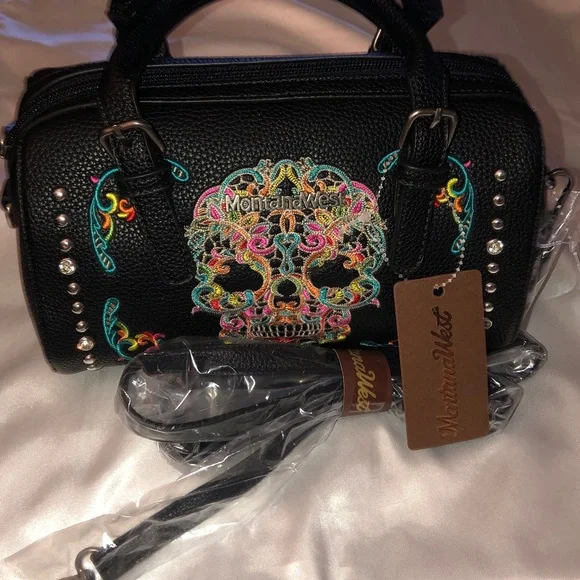 Montana West Black Faux Leather Embroidered Sugar Skull Satchel Crossbody NWT - Picture 12 of 16